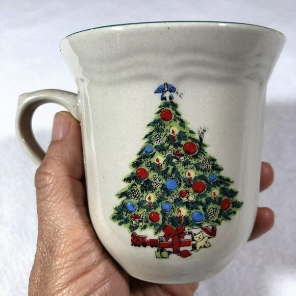 Christmas Tree Mug Set 2 Pair Couple Winter Holiday Ceramic Beige Restaurant - Picture 6 of 10